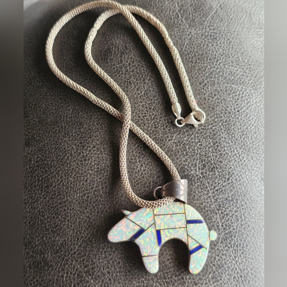 Signed large bear opal necklace. Stamped VV sterling. Most likely native america